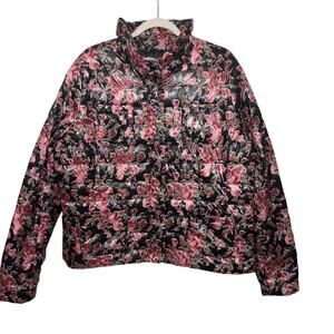 Lands' End Women XL Black Pink Floral Puffer Jacket Cottagecore Romantic Winter
